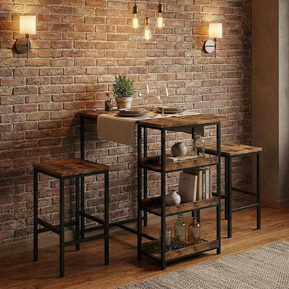 IDEALHOUSE 36" Counter Height Dining Table Set for 2 with Bar Stools and Storage Shelves, Space-Saving Kitchen Table for Small Space, Apartment, Studio, Rustic Brown