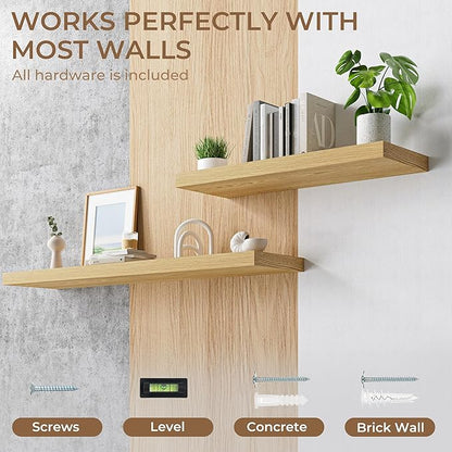 RICHFOCUS Deep Floating Shelves for Wall 2 Pack 12" D 36 Inch Wall Shelves for Room Wall|Wood Hanging Shelf with Invisible Brackets for Bathroom Bedroom Kitchen Laundry Room, Oak