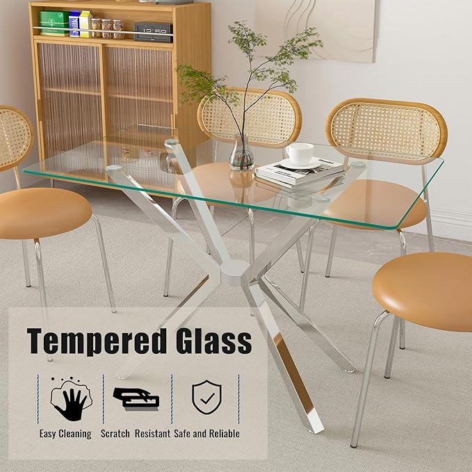 51.18" Rectangular Glass Dining Table, Tempered Glass Kitchen Tabe with Metal Legs, Stylish and Sturdy Dinner Table for Home and Outdoor Dining (Silver, 47.24")