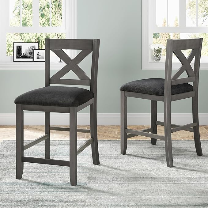 5 Pieces Counter Height Wooden Bar Table Set with 3-Tier Shelf and 4 Chairs, Rustic Farmhouse Dining Table Set for 4, Gray