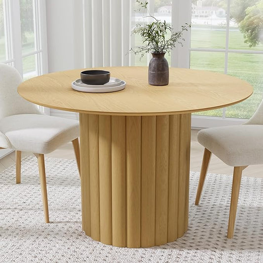 Casaphoria 46" Round Dining Table, Modern Wood Kitchen Table with Cylindrical Wide Bar Protruding Base for Living Room & Dining Room, Easy Assembly Farmhouse Furniture for 4-6, Oak