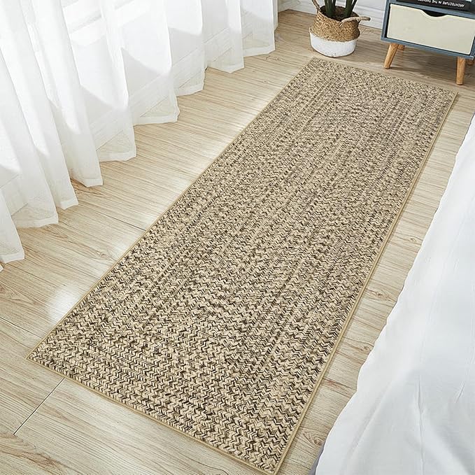 Printed Washable Runner Rug 2x8 Runners for Hallways Braided Pattern Non Slip Bath Mat Modern Soft Bedroom Rug Farmhouse Kitchen Rugs Entryway Rugs Stain Resistant Carpet 2'x8' Natural