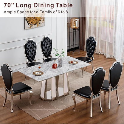 70" Marble Dining Table for 6-8, Modern Luxury Silver Rectangular Large Kitchen Table, Marble Grain MDF Tabletop & Stainless Steel Base, Dinner Furniture for Kitchen Dining Room, Meeting Room, Grey