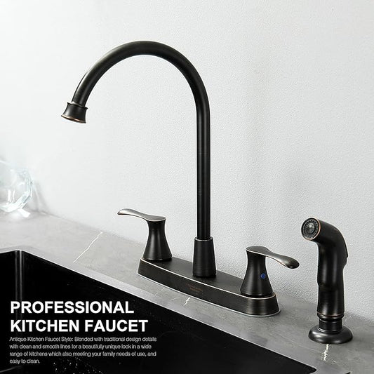 Oil-Rubbed-Bronze Kitchen Faucet with Side Sprayer, Bronze 2-Handle Faucet for 4 Holes Kitchen Sink