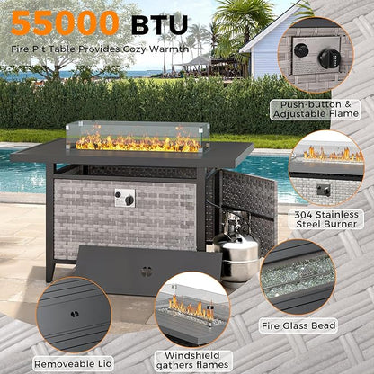 8-Seat Outdoor Wicker Patio Furniture Set with Fire Pit Table, Modular Rattan Sectional Sofa & 2 Swivel Rocking Chairs, 4" Thick Cushions, Rust-Resistant Frame,Navy