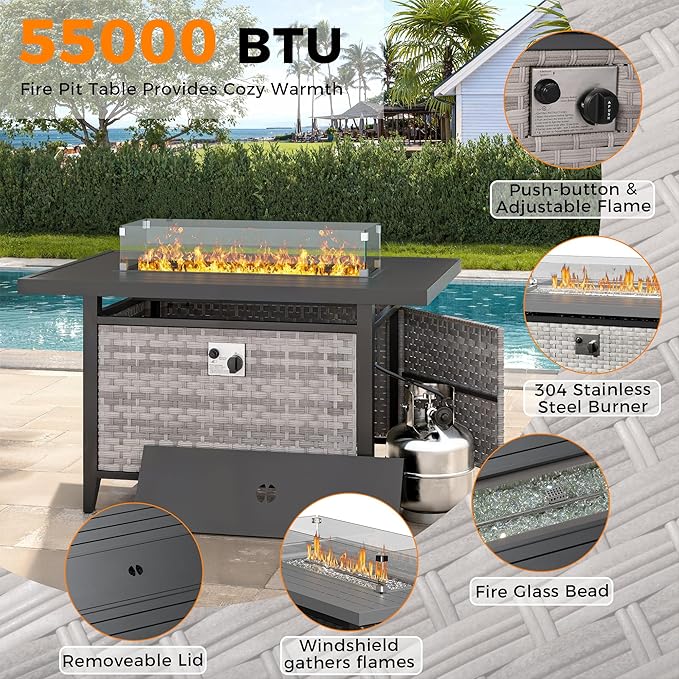 6-Seat Modern Outdoor Wicker Rattan Patio Furniture Set with 55,000 BTU Fire Pit Table, Thick 4″ Cushions, All-Weather Dual-Strand Rattan, Rust-Resistant Steel Frame,Navy