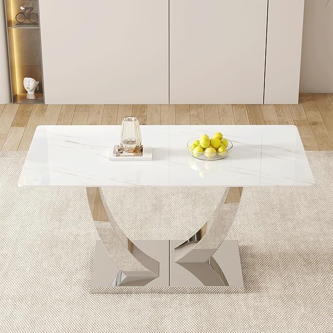 AZmac 63'' White Dining Table, Faux Marble Dining Room Table for 4-6, Tempered Glass Dinner Table with Silver Chrome U Shaped Legs for Kitchen Dining Room