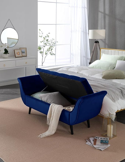 Modern Ottoman Bench with Storage, Upholstered Footstool for Bedroom Living Room Hallway, Bedside Pouf Toy Storage Ottoman Footrest, Versatile Storage Chest Bench Seat,Navy-Velvet