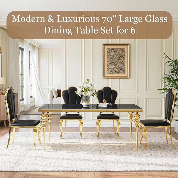 Luxurious 7 Piece Dining Table Set, 70 Inch Black Glass Kitchen Table and 6 Black Petal Back Chairs with Gold Stainless Steel Legs, for Dining Room, Living Room, Restaurant