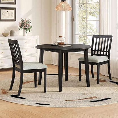 Merax 3-Piece Drop Leaf Round Dining Table Set for 2, Farmhouse Kitchen Table Set with Extendable Round Table and 2 Upholstered Chairs. Wood Table and Chairs Set for Dining Room, Living Room, Black