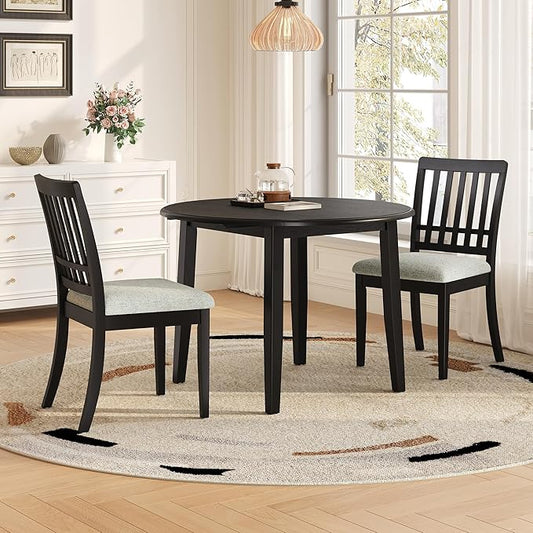Merax 3-Piece Drop Leaf Round Dining Table Set for 2, Farmhouse Kitchen Table Set with Extendable Round Table and 2 Upholstered Chairs. Wood Table and Chairs Set for Dining Room, Living Room, Black