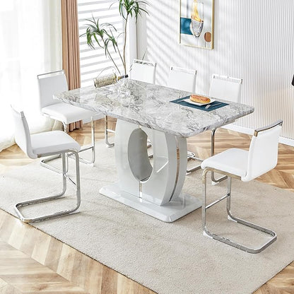 gopop Bar Height Dining Table,Marble Dining Table for 6,1.77-inch Thick Marbleized Textured Tabletop with High-Gloss MDF Base,Counter Height Table Ideal for Pub Bar Gatherings at Home
