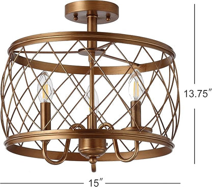 JONATHAN Y 15" Antiqued Gold LED Semi Flush Mount Ceiling Light, 3-Light Modern Industrial Drum Fixture for Bedroom Living Room Hallway, Gold Metal Cage Shade JYL9037A