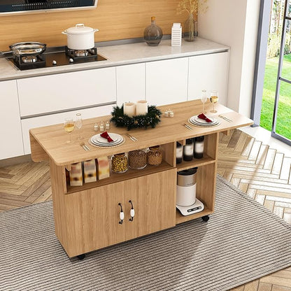 Multi-Functional Folding Dining Table Kitchen Island with Storage Shelves and Wheels, Space Saving Dining Tables Compact Desk for Dining Room, Kitchen, Dorm, Office (Walnut)