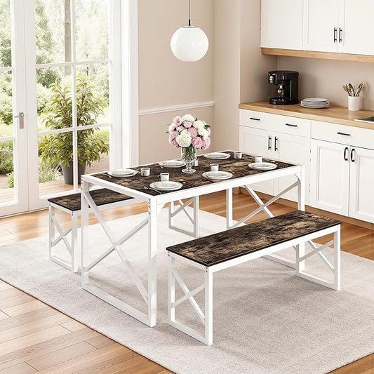 VECELO Kitchen Dining Table Benches Set for 4/6, 55" Wooden Dinette with 2 Benches, Large Embedded Desktop for Small Space, Breakfast Nook, Dark Brown