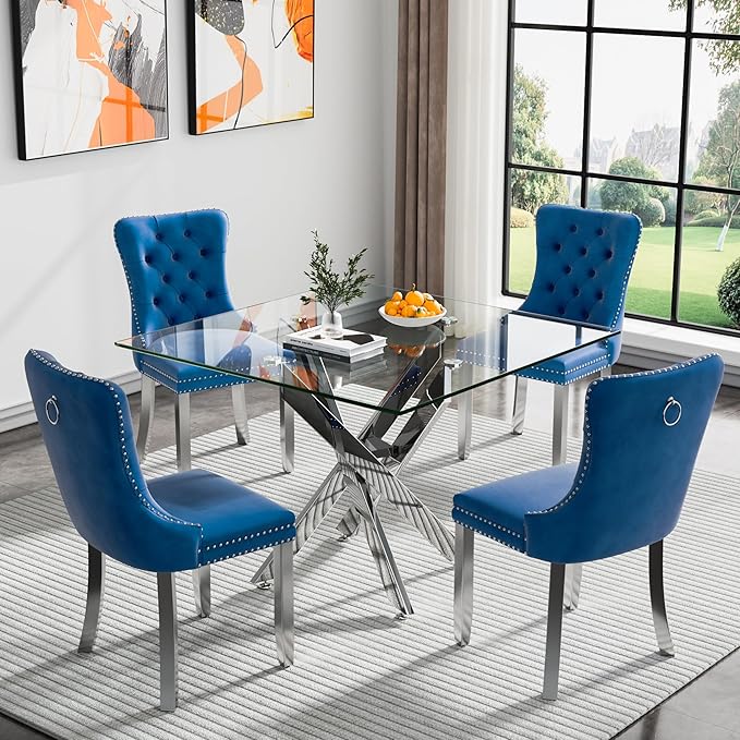 Square Glass Dining Table,Glass Dining Room Table with Metal Legs, Modern Kitchen Table for Home, Kitchen, Dining Room