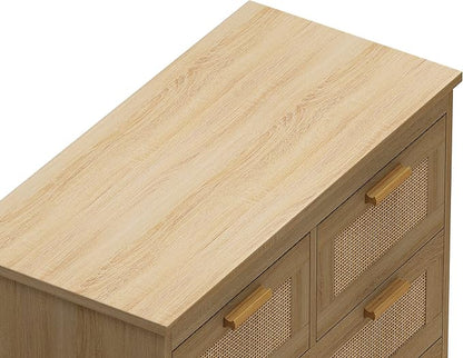 GDFStudio 31.5" Rattan Storage Cabinet with 4 Drawers, Modern Farmhouse Sideboard Buffet Cabinet, Wood Credenza Console Table for Living Room Dining Room Kitchen Hallway, Easy Assembly, Natural