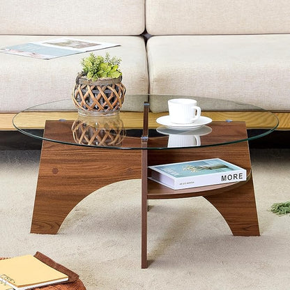 Round Coffee Tables, 31.5" Simple Glass Coffee Table with Tempered Glass Top and MDF Base, Diagonal Fan-Shaped Tray Design Table Leg Modern Center Table for Living Room Walnut