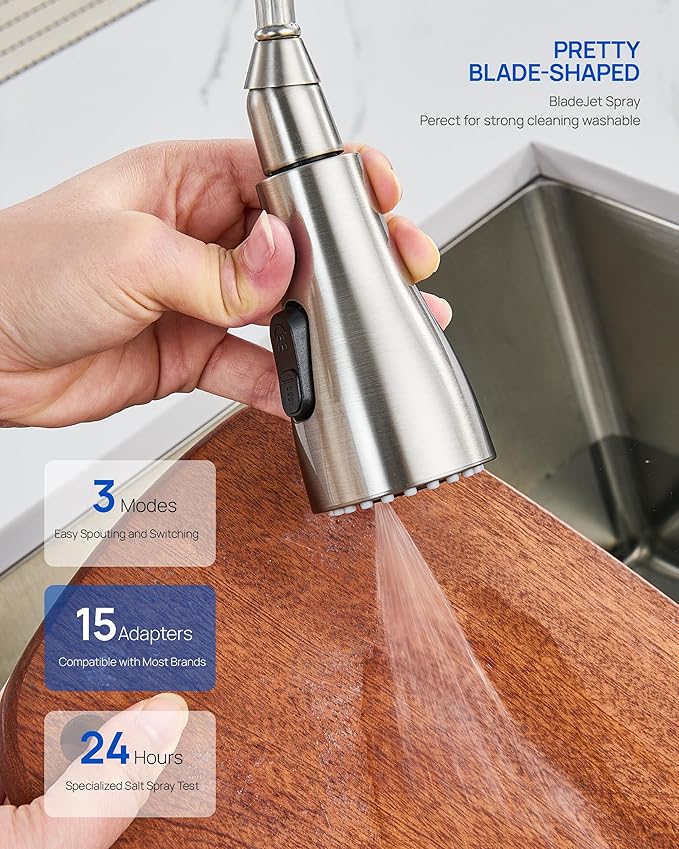 Metal Kitchen Faucet Head Replacement – 3 Mode High-Pressure Sink Sprayer Replacement with 15 Nozzle Adapters, Durable Pull Down Spray Head for Kitchen Sink (Stream/Spray/Blade), Stainless Steel
