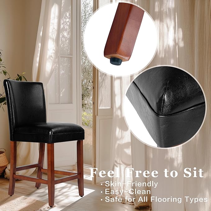 HomePop Home Decor Classic Counter Height Bar Stool, Set of 1, Faux Leather Upholstered 24 Inch Bar Stool, Decorative Home Furniture, Black