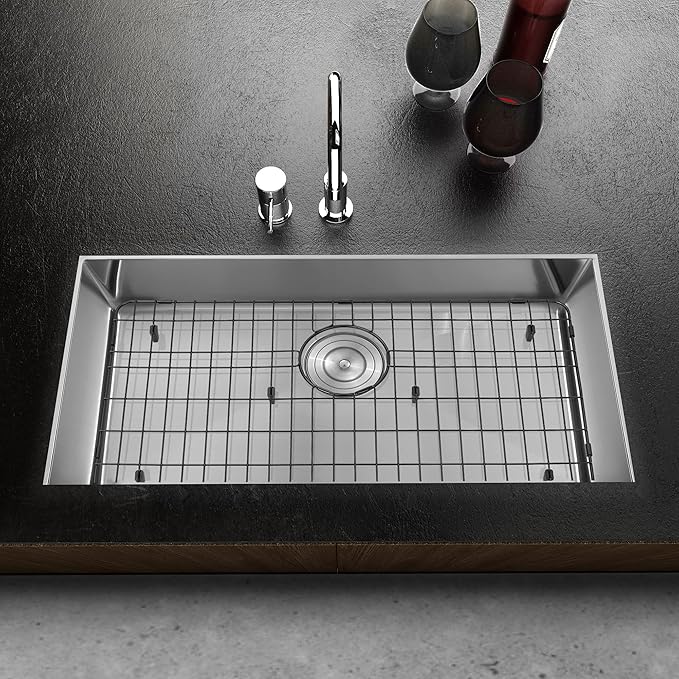 Kitchen Sink Grid and Sink Protectors, Stainless Steel Sink Grids for Bottom of Kitchen Sink, Black Color, 26" x 14" with Rear Drain for Single Sink Bowl