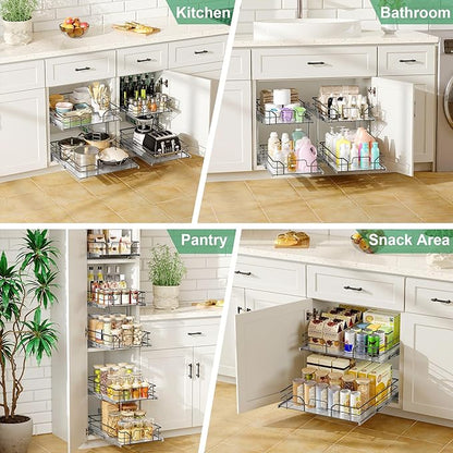 2-Tier Pull Out Cabinet Organizer (8" W x 22" D), Soft Close Cabinet Slide Out Shelves, Heavy Duty Slide Out Drawers with Shelf Liner for Kitchen Cabinets, Pantry Storage, Bathroom