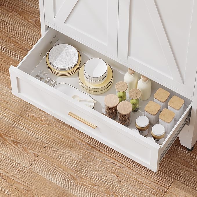 71“H Kitchen Pantry Cabinet with Drawers,Tall Kitchen Pantry Cabinets,Metal Food Storage Cabinets, White Pantry Cabinet with 4 Doors, Large Freestanding Cabinets for Dining Room, Living Room