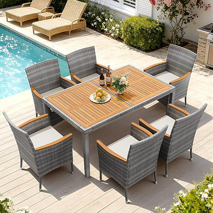 Devoko Dining 7 PCS Furniture, Patio Conversation Set with Acacia Wood Table Top, Outdoor, Beige Cushion and Grey Rattan