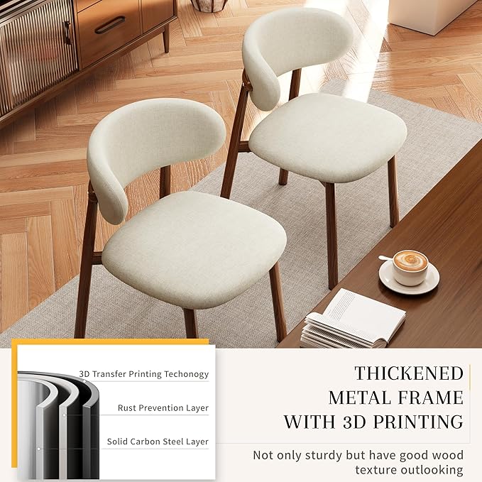 Kitchen Dining Chairs Set of 4 Modern Soft Linen Farmhouse Dining Room Chair with Metal Legs, Beige/Walnut