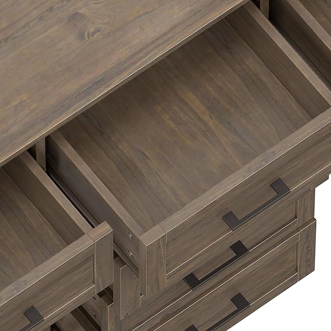 SIMPLIHOME Ela Buffet - 54 inch Wide Solid Wood 3-Door Sideboard Buffet in Smoky Brown, Transitional Storage Cabinet for Dining Room or Kitchen with Adjustable Shelves and Brushed Metal Hardware