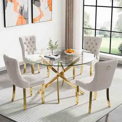 Modern Glass Dining Table Round Dining Room Table with Tempered Glass Top, Gold Metal Legs Circle Kitchen Dining Room Table for 4-6 People, 47" D x 47" W x 30" H