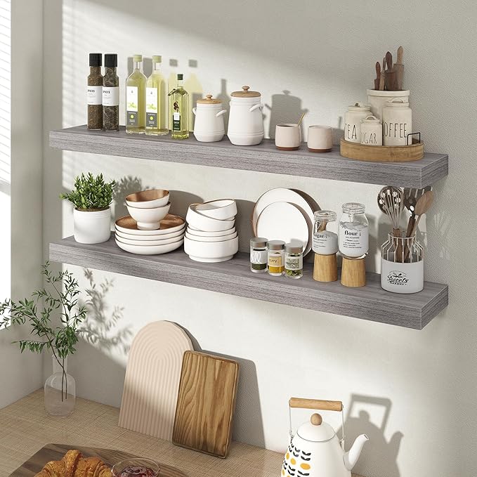 Acovy 36 Inch Floating Shelves for Wall 2 Pack, 36" Wall Shelves for Books, Storage, Decor, Wall Mounted Floating Shelf with Invisible Brackets for Kitchen, Living Room, Gray