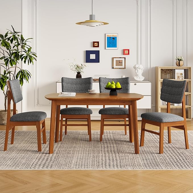 VilroCaz Mid-Century Modern Dining Table Set for 4, Solid Wood Dining Table and 4 Upholstered Chairs, 5 Piece Farmhouse Dining Set for Home, Kitchen, Space Saving (Brown+Gray-1s)
