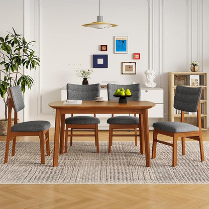 VilroCaz Mid-Century Modern Dining Table Set for 4, Solid Wood Dining Table and 4 Upholstered Chairs, 5 Piece Farmhouse Dining Set for Home, Kitchen, Space Saving (Brown+Gray-1s)
