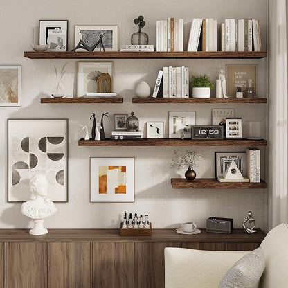 Fun Memories 55 Inch Floating Shelves for Wall 2 Pack Shelves for Bedroom|Kitchen|Bathroom Wall Mounted Rustic Wood Floating Shelf with Invisible Brackets for Books|Storage|Decor, Rustic Brown