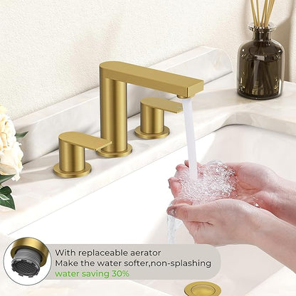 FORIOUS Brushed Gold Bathroom Faucets 3 Hole, 8 Inch Widespread Bathroom Sink Faucet with Pop-up Drain and Cupc Supply Lines, 2-Handle for Vanity, Hotel Restroom