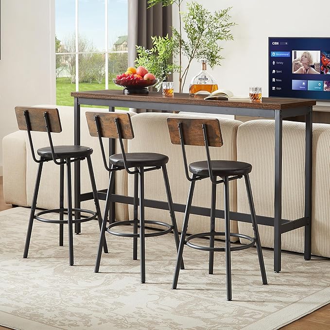 GNIXUU 4 Piece Long Bar Table and Chairs Set, Industrial Counter Height Dining Table Set with Sofa Bar Table and 3 Upholstered Stools with backrest for Breakfast Nook Living Room Small Space(Brown)