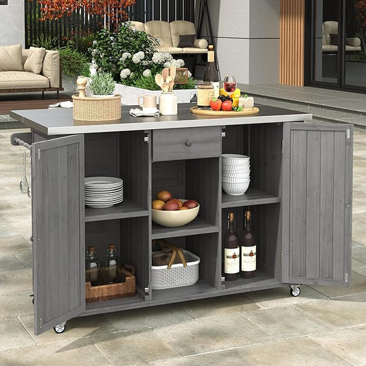 YOPTO Outdoor Kitchen Island Fir Wood Kitchen Island with Stainless Steel Top,Ample Storage Space,Towel and Spice Racks and a Bottle Opener for Outdoor,Grey