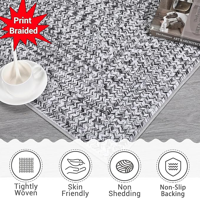 Printed Washable Runner Rugs 2x10 Rug for Living Room Bath Mat Modern Imitation Braided Bedroom Rug Non Slip Geometric Area Rug Kitchen Rugs Stain Resistant Carpet 2'x10' Light Grey