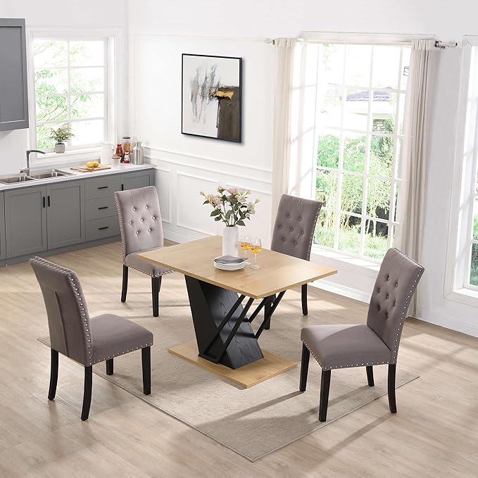 62" Extendable Island Table, Rustic Dining Table with Metal Frame, Mid Century Dining Table with MDF Top for Kitchen Dining Office, Black+Natural
