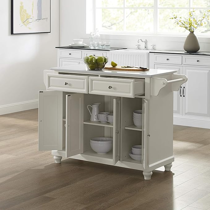 Crosley Furniture Cambridge Stone Top Rolling Kitchen Island Storage Cart, Microwave Stand, Spice Rack, White