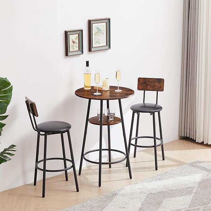 Round Bar Stool Table Set with Storage Shelf, Rustic Brown Upholstered Stools with Backrest, Comfortable PU Padded Seat, Bar Table and Chairs Set of 2 with Strong Iron Frame Supports 350 lbs