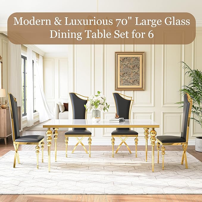 Glass Dining Table Set for 6, Luxurious 70 Inch Rectangular Kitchen Table with White Tempered Glass Top, 6 Black PU Leather Cushion Chairs for Dining Room, Restaurant, Living Room