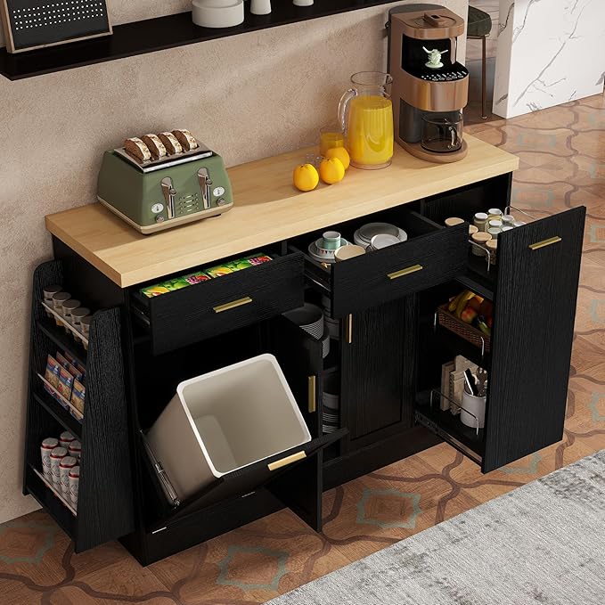 Sideboard Buffet Cabinet with Storage Drawers, Wood Kitchen Island with Trash Can Storage, 3-Tier Pull-Out Rack and Spice Rack, Modern Accent Cabinet for Kitchen, Dining Room, Entryway, Black