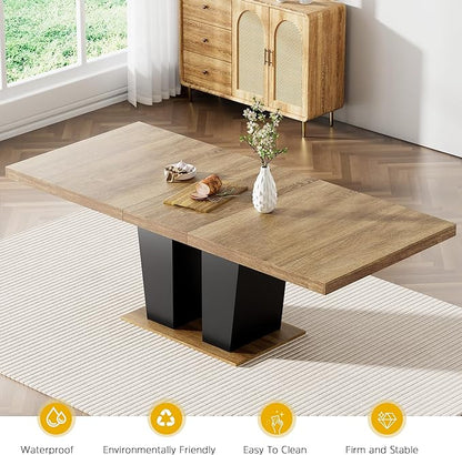 78.74" Extendable Dining Table for 6 8 10, Modern Farmhouse Expandable Kitchen Table with Dual Column Pedestal, Large Rectangle Wooden Expanding Table for Kitchen Dining Conference Room, Brown & Black