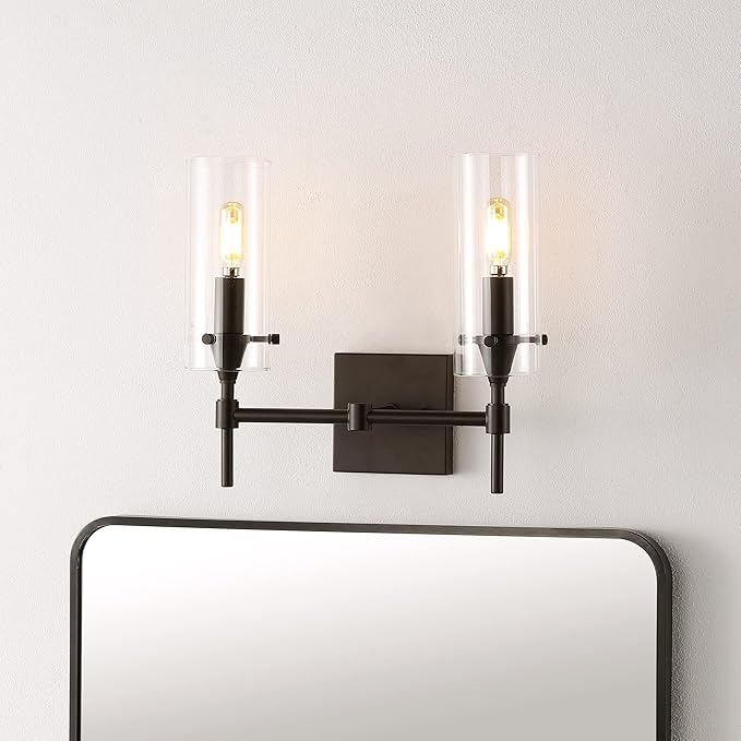 JONATHAN Y 13.5" Oil Rubbed Bronze/Clear Modern Farmhouse LED Vanity Light Sconce, Clear Glass Cylinder Shade, Wall Lamp for Bathroom Mirror Hallway Entryway, LED Bulb Included (JYL7806A)