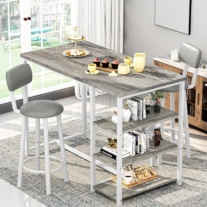 DKLGG Dining Table Set for 2, Counter Height Bar Table Set with Storage ＆ Stools, High Top Pub Table and Chairs for Kitchen, Dining Room, Sofa Side, Apartment, Breakfast Nook, Grey