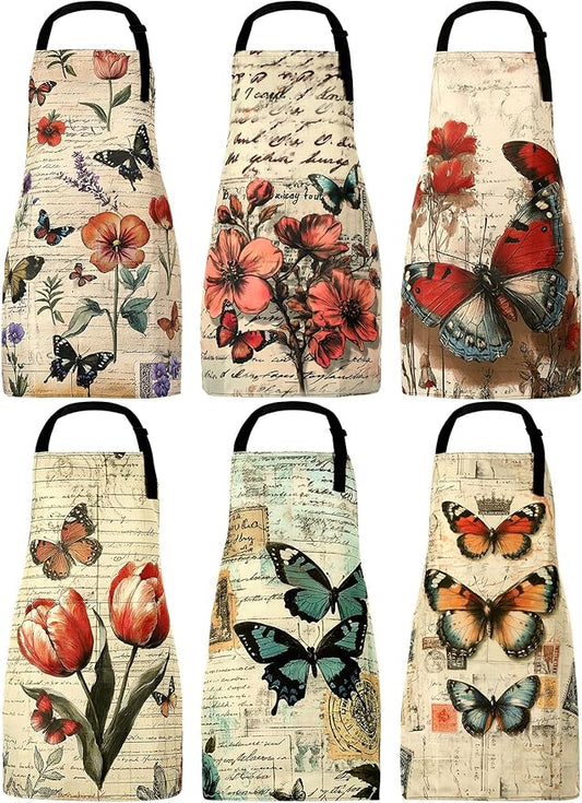 Bencailor 6 Pcs Spring Kitchen Aprons with Pockets Flower Rooster Bee Butterfly Sunflower Summer Aprons Bulk for Women(Classic Color,Butterfly)