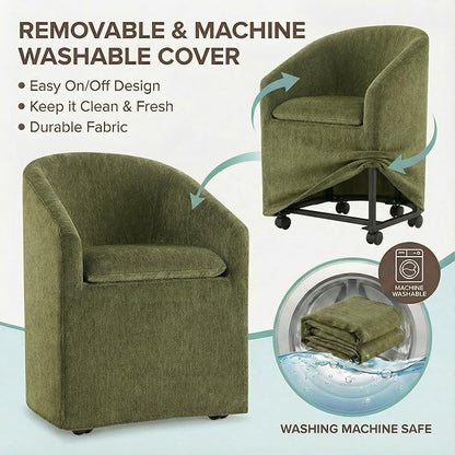 KISLOT Upholstered Dining Chairs with Casters, Washable Cover Modern Dining Room Chairs with Barrel Backrest & Dual Armrest for Kitchen, Living Room, Bedroom, Green Fabric, 2PCS
