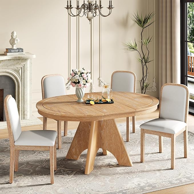 Merax Vintage Extendable Dining Table Set for 4-6 People, Rustic Farmhouse Kitchen Table with 4 Upholstered Chairs, 42 to 58 Inch Drop-Leaf Table with Distressed Finish, Natural Wood Wash